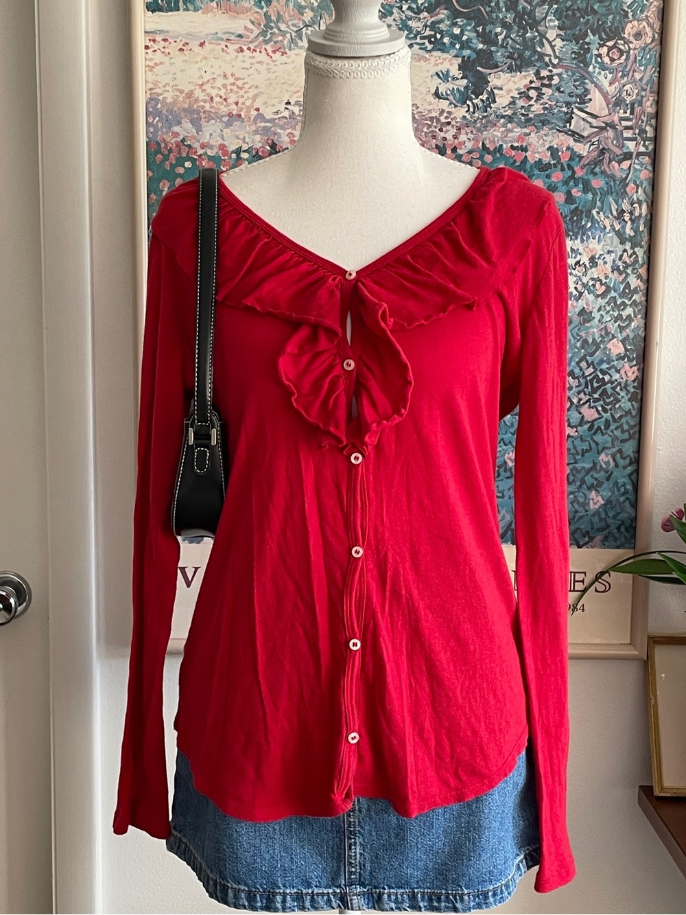 Lauren Ralph Lauren Ruffle Front Top Small Red Buttons Coquette Preppy Old Money